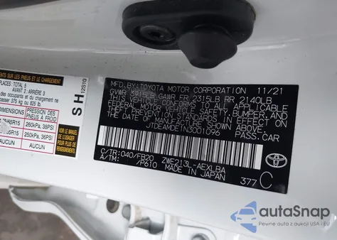 2022 Toyota Corolla Hybrid Le из США, поврежденный, VIN JTDEAMDE1N3001096